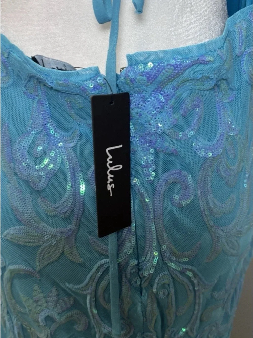 Aqua Blue Sequin Mermaid Gown Lace Up Back Formal Prom Dress Size XL - Picture 8 of 9
